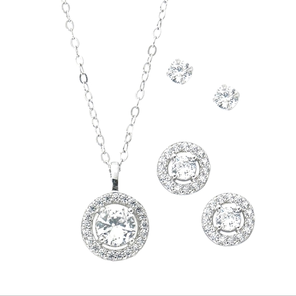 3pc Sterling Silver Gianni Bernini  Halo Pendant Necklace & Earrings Gift Set